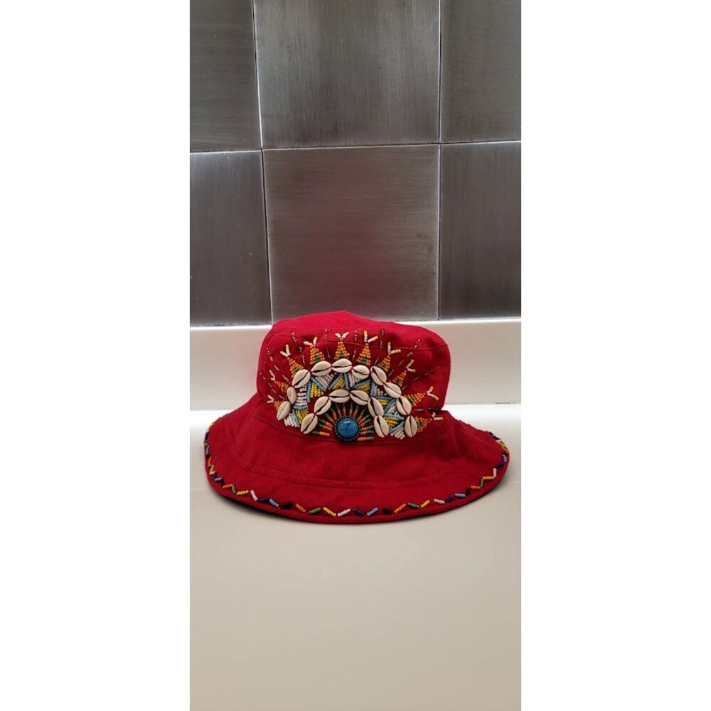 Red Beaded Cowrie Shell Bucket Hat Boho Festival Sun Hat Reversible 8.5.in Cap